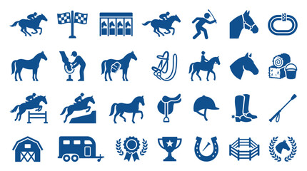 Equestrian sport icons set horse racing jumping and training equipment symbols isolated vector illustration © Iconique Studio