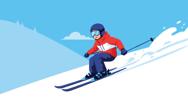 Energetic illustration of a skier in a red and white jacket and blue pants carving through white snow on a steep mountain slope in winter.