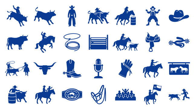 Collection of blue cowboy and rodeo icons representing western lifestyle ranching and equestrian sports with bulls horses and riders
