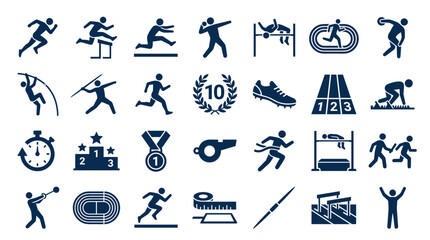 Obraz premium Collection of athletic sport icons representing track and field events and competition symbols like running hurdles jumping throwing and winning medals