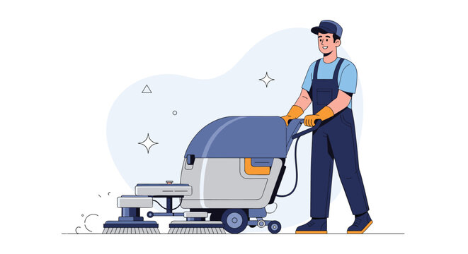 Professional worker operates a large industrial floor scrubbing machine to maintain cleanliness in a wide open space.