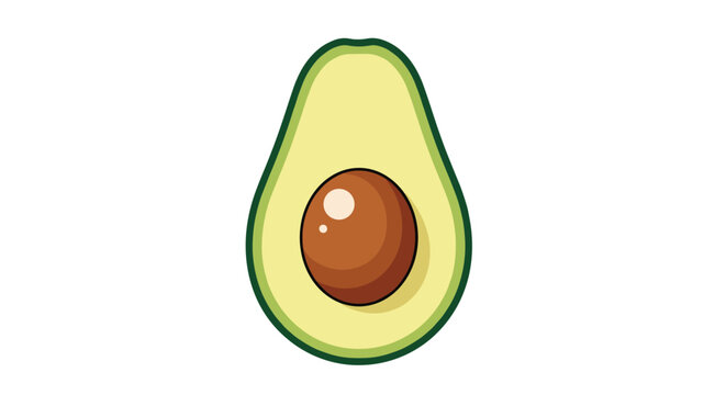 Cross-section of a ripe avocado reveals its creamy light green flesh and a large brown pit in its center portion.