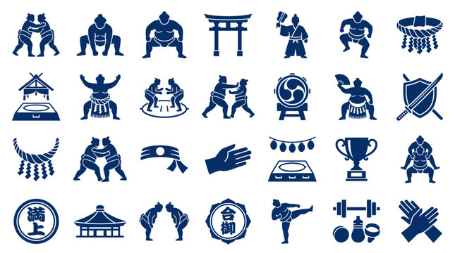 Collection of Japanese Sumo Wrestling and Martial Arts Icons Representing Traditional Sports and Cultural Activities