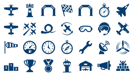 Fototapeta premium Collection of aviation and racing icons representing flight speed competition and achievement in a clean blue and white design
