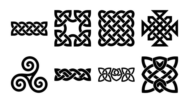 Celtic knot vector set, traditional Irish symbols and triskelion icons, black geometric interlaced ornaments, 8 ancient pagan graphic elements