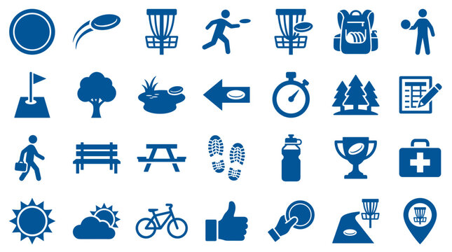 Disc golf icons set for sports and outdoor recreation activities including equipment, players, course elements, and weather symbols