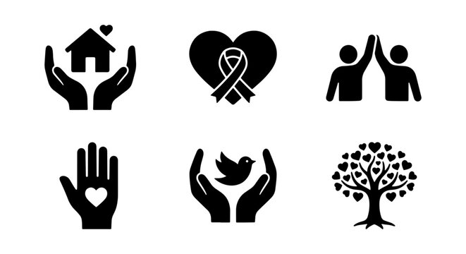 Charity and nonprofit icon set, 6 black solid vector symbols for donation and community support, volunteer and humanitarian aid graphics