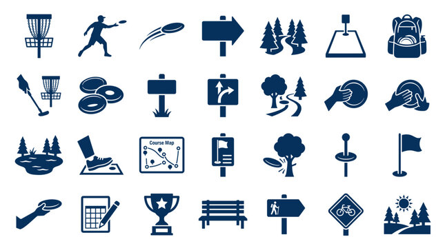 Disc golf icons set representing sport elements like baskets players frisbees course map and equipment for outdoor recreation and leisure activities