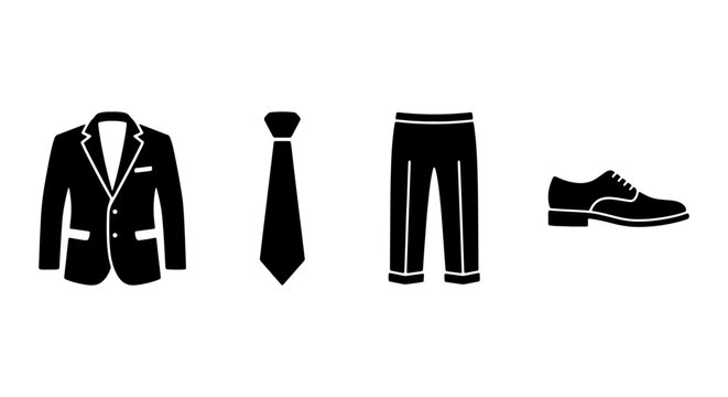 Formal menswear icons set, black business suit jacket and necktie vector, professional dress code trousers and leather shoe silhouettes