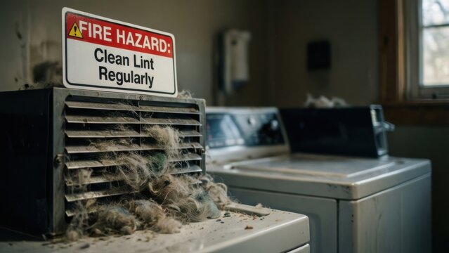 Dryer vent with fire hazard sign in laundry room environment  
