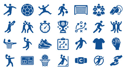 Fototapeta premium Collection of blue sport icons representing various athletic activities equipment and team games on a white background