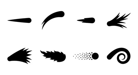 Black comet silhouettes and meteor icons set, 8 celestial motion trail vectors, falling star and asteroid impact symbols for space design © Tanvir
