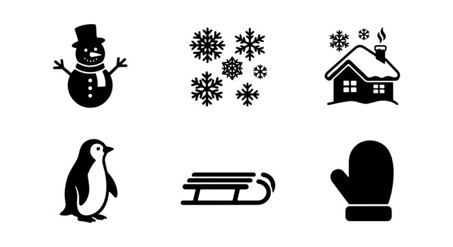 Winter season icon set, black silhouette winter symbols including snowman and penguin, 6 vector elements for holiday design and weather apps