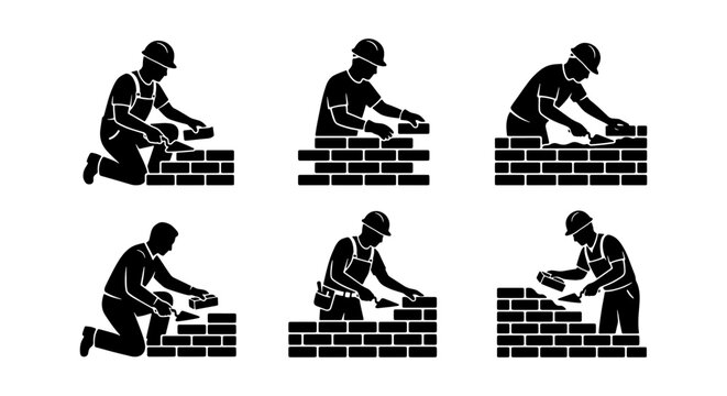 Bricklayer silhouette icons set, construction worker building brick wall vector, professional mason masonry service symbols for industrial branding