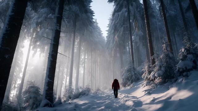 Winter season adventure exploration. A vivid portrayal of a serene winter forest scene. A solitary figure, dressed in a red jacket, walks through the snowcovered path. Tall.