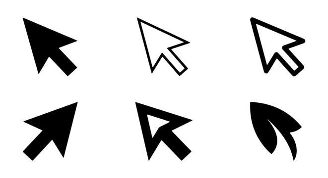 Minimalist mouse cursor icon set, black and white computer pointer arrows, collection of 6 vector navigation symbols for web interface design