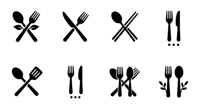 Minimalist cutlery icon set, black restaurant silverware symbols, 8 flat vector kitchen utensil signs for dining and catering menus