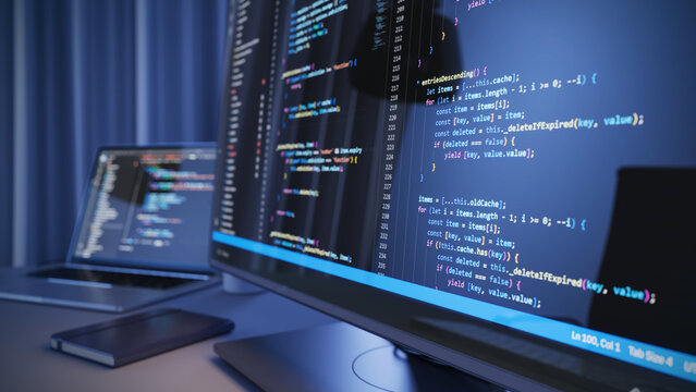 Desktop Computer Screens Show Coding Language User Interface. Program Development, Code, web programming concept. 3d rendering
