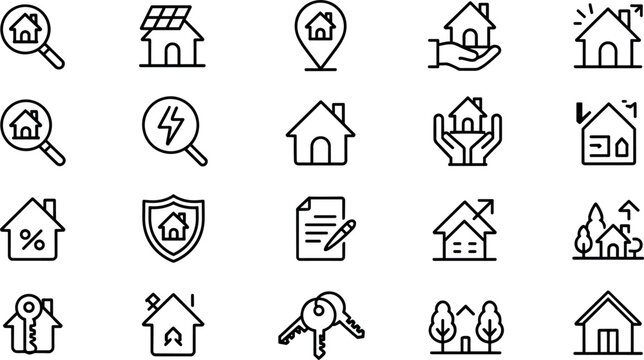 Large collection of real estate and property management line icons featuring house search mortgage rates home security solar energy keys and residential investment vectors.