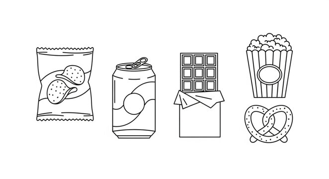 Assortment of popular snack food items in a line drawing.