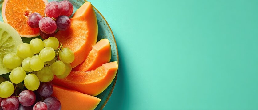 Fresh fruit platter with melon grapes and citrus on blue background