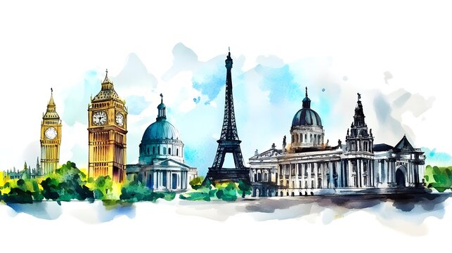 Watercolor painting of iconic european landmarks, paris and london