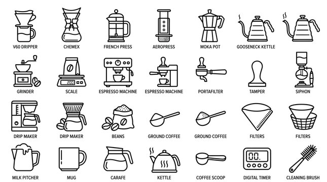 A comprehensive collection of line art icons representing various coffee brewing equipment and accessories, ideal for graphic design and culinary resources.
