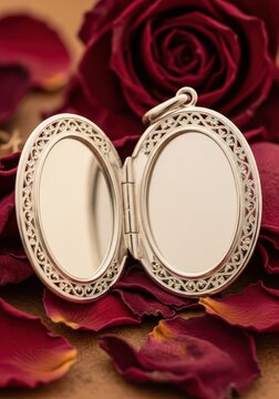 Silver oval locket lies open on a bed of dark red rose petals.