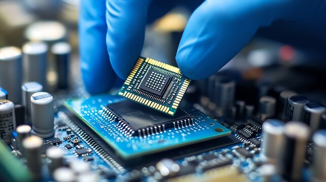 Employees are applying thermal paste to microchips for improved heat dissipation.