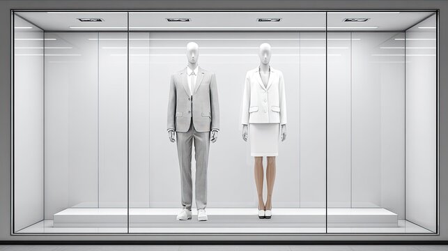 Illuminated retail display window features male and female figures showcasing professional attire