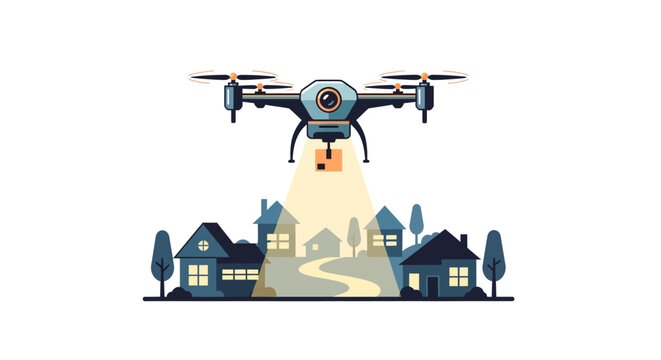 Drone flying over suburban neighborhood with spotlight on street