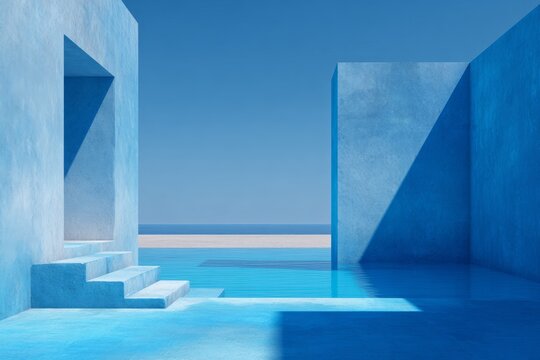 Minimalist blue architecture with pool overlooking ocean in sunny day