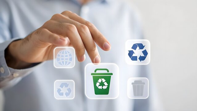 Person's hand interacting with digital recycling and trash