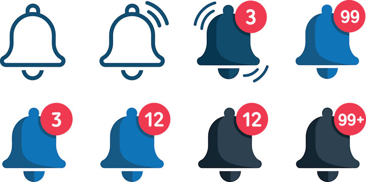 Notification bell icons with red badges showing counts from 3 to 99+, symbolizing alerts and updates for apps and websites, in blue tones Vector Illustration