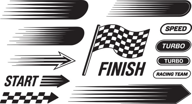 Racing speed elements set with checkered flag finish line text turbo badges fast motion arrows and movement graphics Vector Illustration