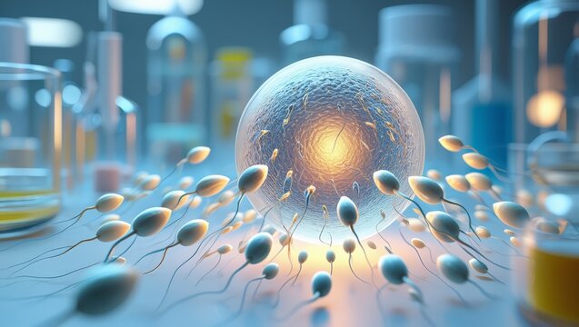A detailed microscopic view of a glowing egg cell surrounded by multiple sperm cells in a laboratory setting with various scientific equipment and tools, representing IVF and fertility treatment
