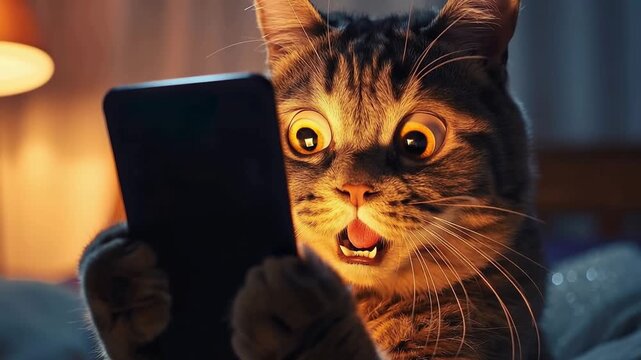 Un gato en estado de shock mirando la pantalla de un tel&eacute;fono, sorprendido por noticias o promociones, video divertido
