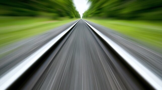 Motion Blur on an Empty Road Through Green Trees.