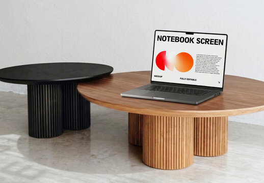 Laptop Round Table Interior Mockup