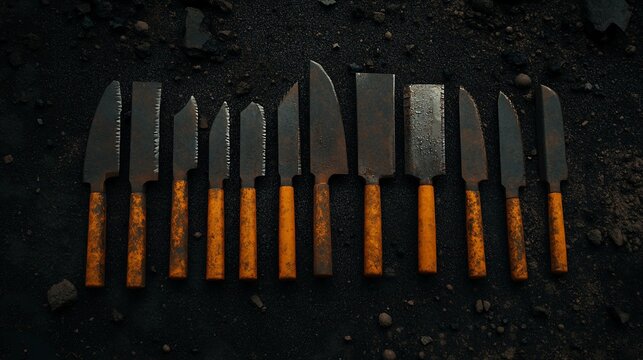 Collection of Handcrafted Japanese Kitchen Knives with Wooden Handles on a Dark Background.