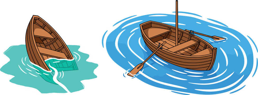 Wooden Rowboat Floating on Water Illustration with Ripples and Paddle Small Fishing Boat Design for Marine Outdoor Adventure Concept