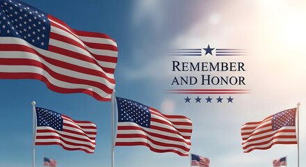 Obraz premium American flags waving in sky for Memorial Day remembrance and honor concept