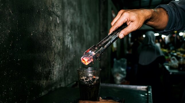 Traditional Kopi Joss Preparation with Glowing Red Hot Charcoal Dipped into Black Coffee in Yogyakarta
