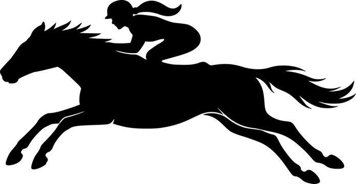 Silhouette of Girl Riding a Horse Jumping Black and White Vector Illustration Isolated on a White Transparent Background Graphic Clipart