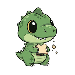 Fototapeta premium Playful vector illustration of a charming little green dinosaur, a happy cartoon character enjoying a tasty sandwich, embodying a delightful concept for kids' entertainment and educational content