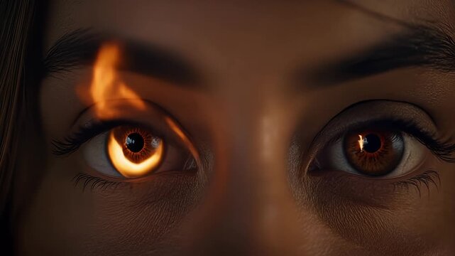 Mesmerizing close-up of a person's eyes, one reflecting an intense golden, fiery glow, symbolizing inner power, passion, and mysterious depth