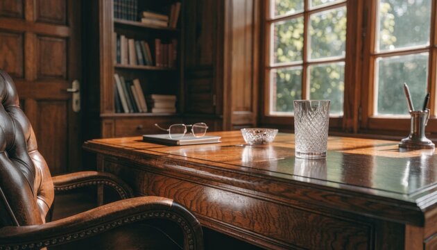 Closeup medium frame of a traditional wooden executive workspace featuring leather chair and classic bookcase while the window view remains softly unfocused.