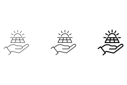 Solar panel in hand icon set featuring various line weights for renewable energy, sustainable power, and environmental protection concepts.