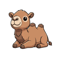 Fototapeta premium Charming cartoon camel illustration sitting, featuring an adorable desert animal with a cheerful expression and soft brown fur, perfect for kids' books and cute wildlife themes