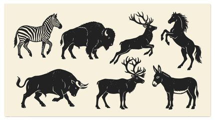 Obraz premium Linocut Animal Silhouette Collection: Horse, Bull, Stag, Bison, Reindeer, Donkey, Zebra Graphic